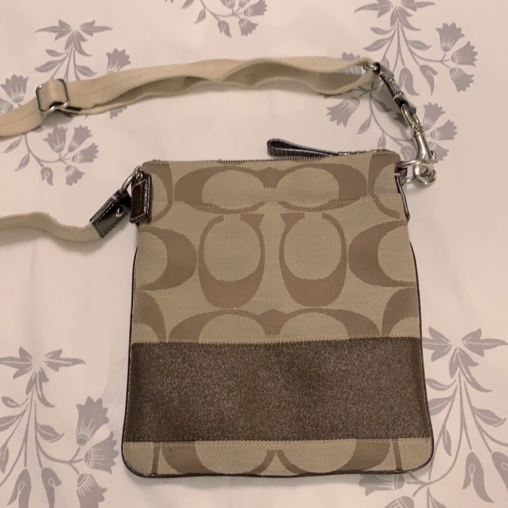 Coach three pocket tan and brown crossbody bag